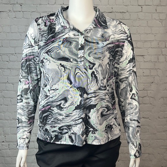 love, Fire Tops - Love, Fire Colorful Mesh Overlay Henley Top Plus Size 2X